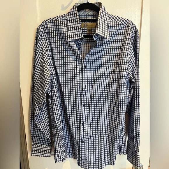 Jhane Barnes Slim Fit Button Up Shirt M Blue Checkered Plaid - Picture 1 of 5